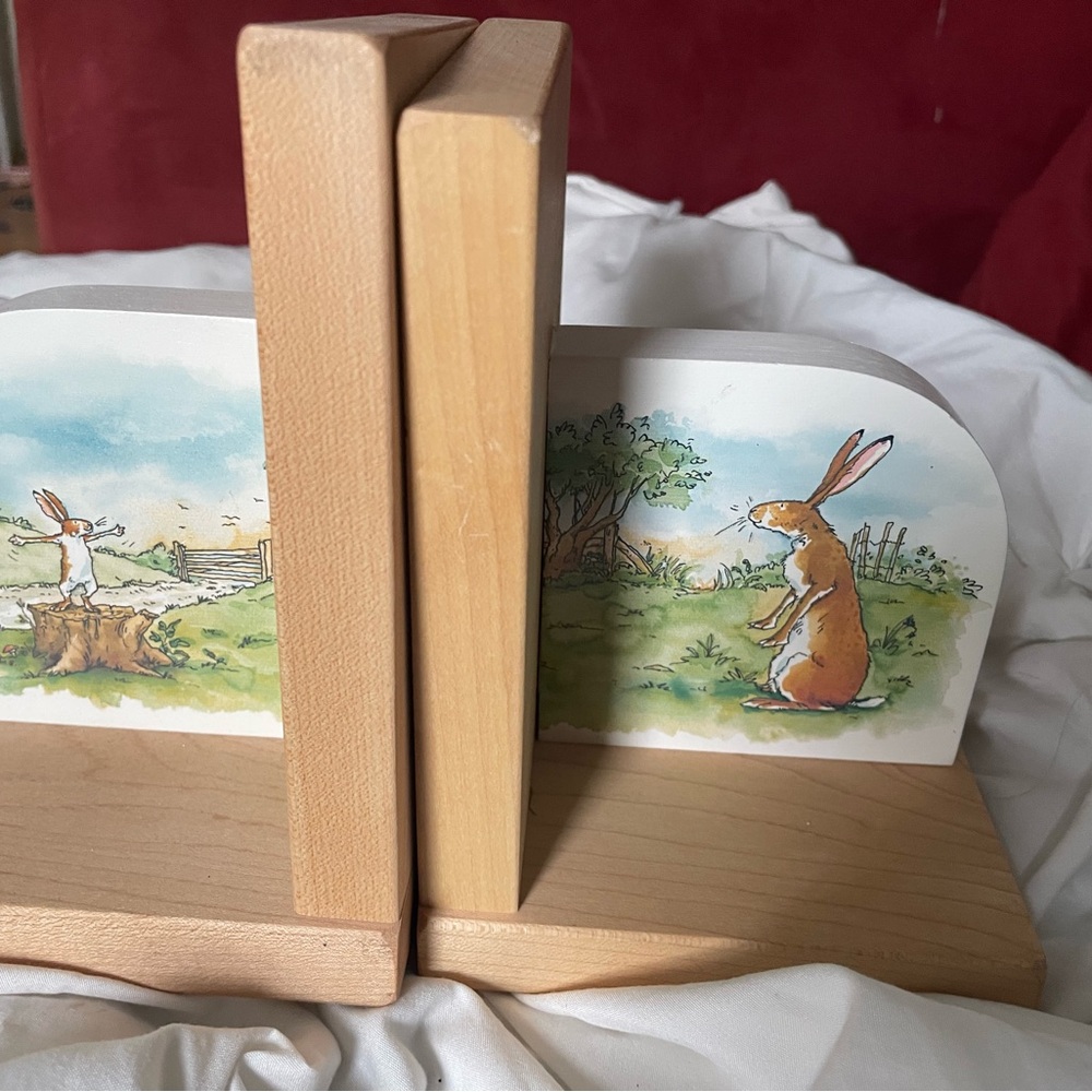 Tan Storybook Rabbit Bookends with Natural Wood Finish